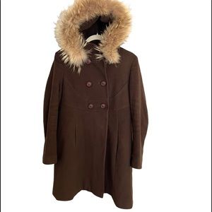 Vía Spiga Brown Wool Double Breasted Peabody Coat Jacket removable hood Size 10